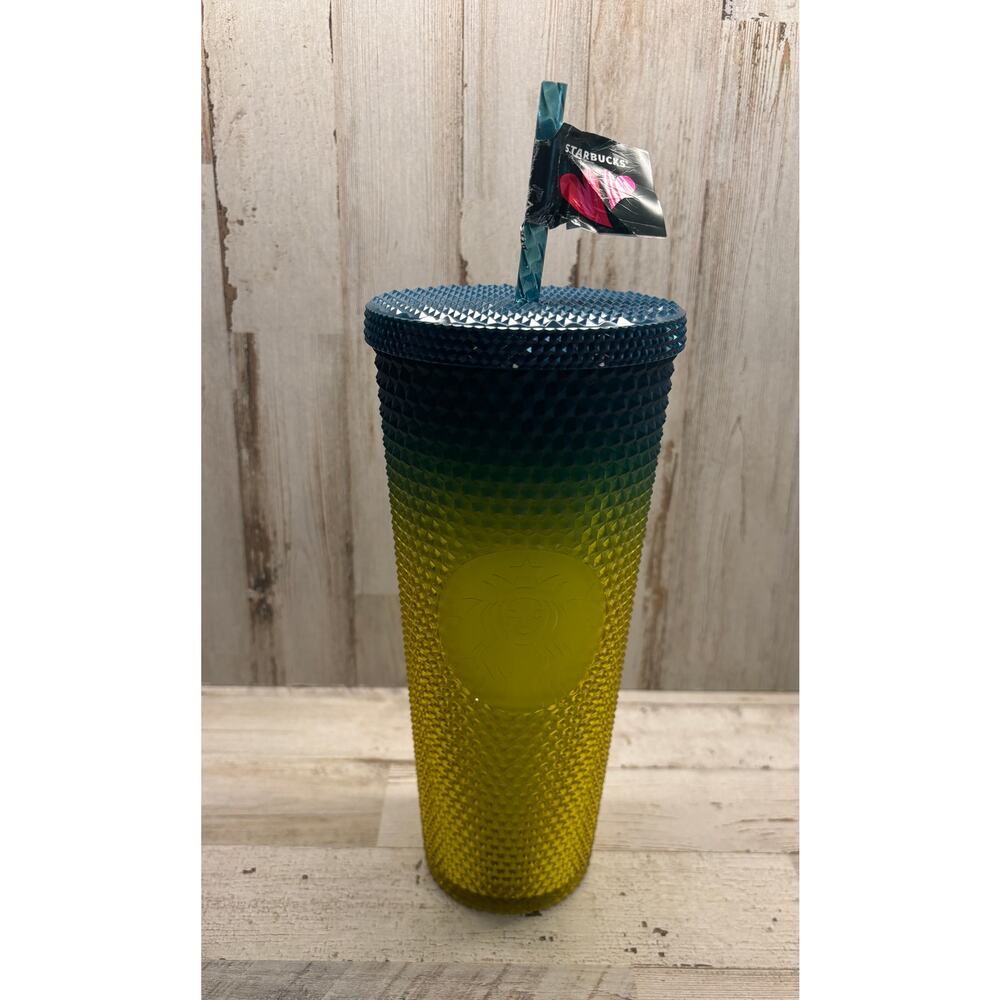 Starbucks Fall 2023 Gradient Lemon Yellow Teal Studded Venti Cold Tumbler NEW